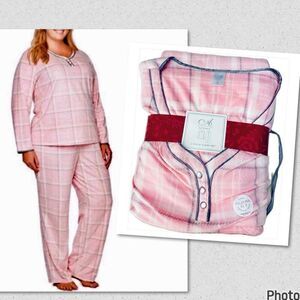 NWT 2 Pc Adonna 2X Pink Plaid Flannel Henley Top Elastic Waist Pants Pajama Set